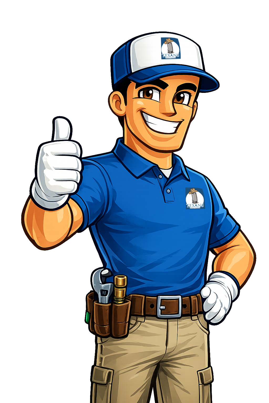 Smiling cartoon handyman in a blue polo shirt and cap giving a thumbs-up, with a tool belt at the waist and a Texan logo on his cap and shirt.