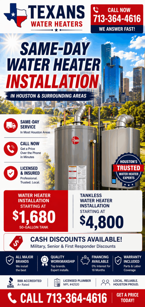 Texans Water Heaters ad with city skyline, bold 'Same-Day Water Heater Installation' headline and image of two Rheem tanks, plus contact number 713-364-4616 in the corner.