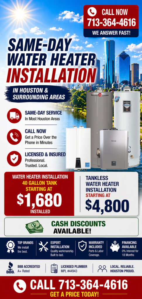 Same-day water heater installation in Houston with phone number 713-364-4616 and fast service messaging.