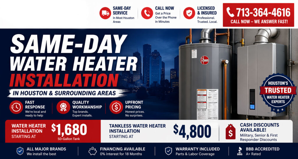Banner ad promoting same-day water heater installation in Houston, showing city skyline, Rheem tank and a large 'INSTALLATION' heading with pricing sections on the bottom edge.