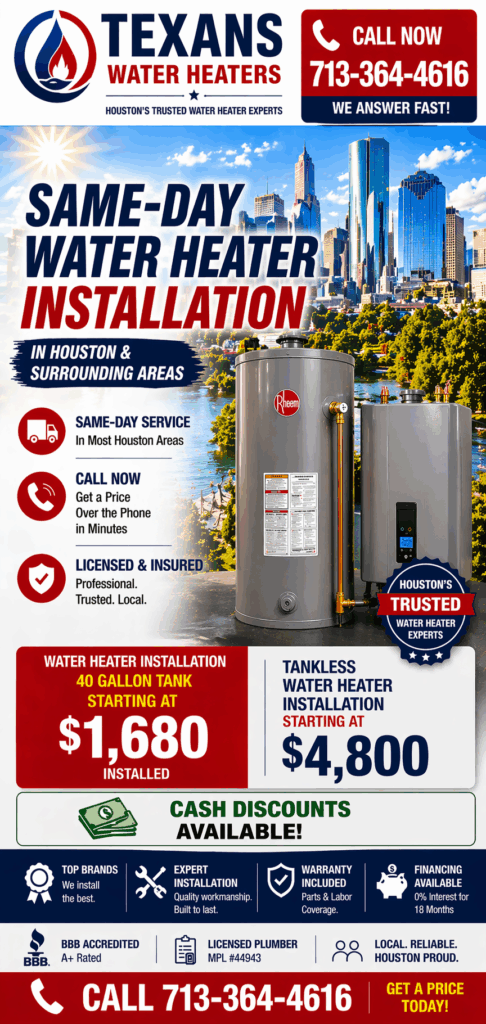 Promotional banner for Texans Water Heaters offering same-day installation in Houston and surrounding areas. Includes phone number 713-364-4616 and fast service claim.