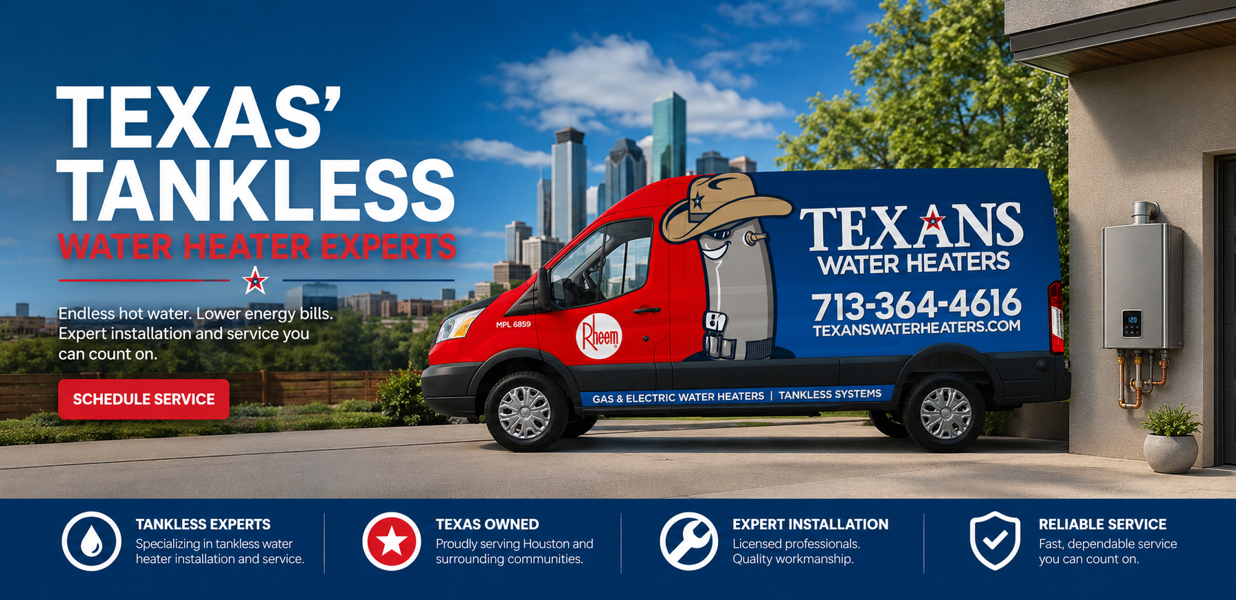 Red and blue Texans Water Heaters delivery van with a cartoon cowboy logo sits in front of a city skyline, advertising tankless water heaters and service.