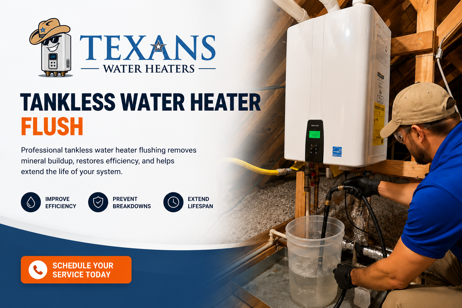Texas Water Heaters banner showing a technician flushing a wall-mounted tankless water heater in a utility space; promotes the flush service.
