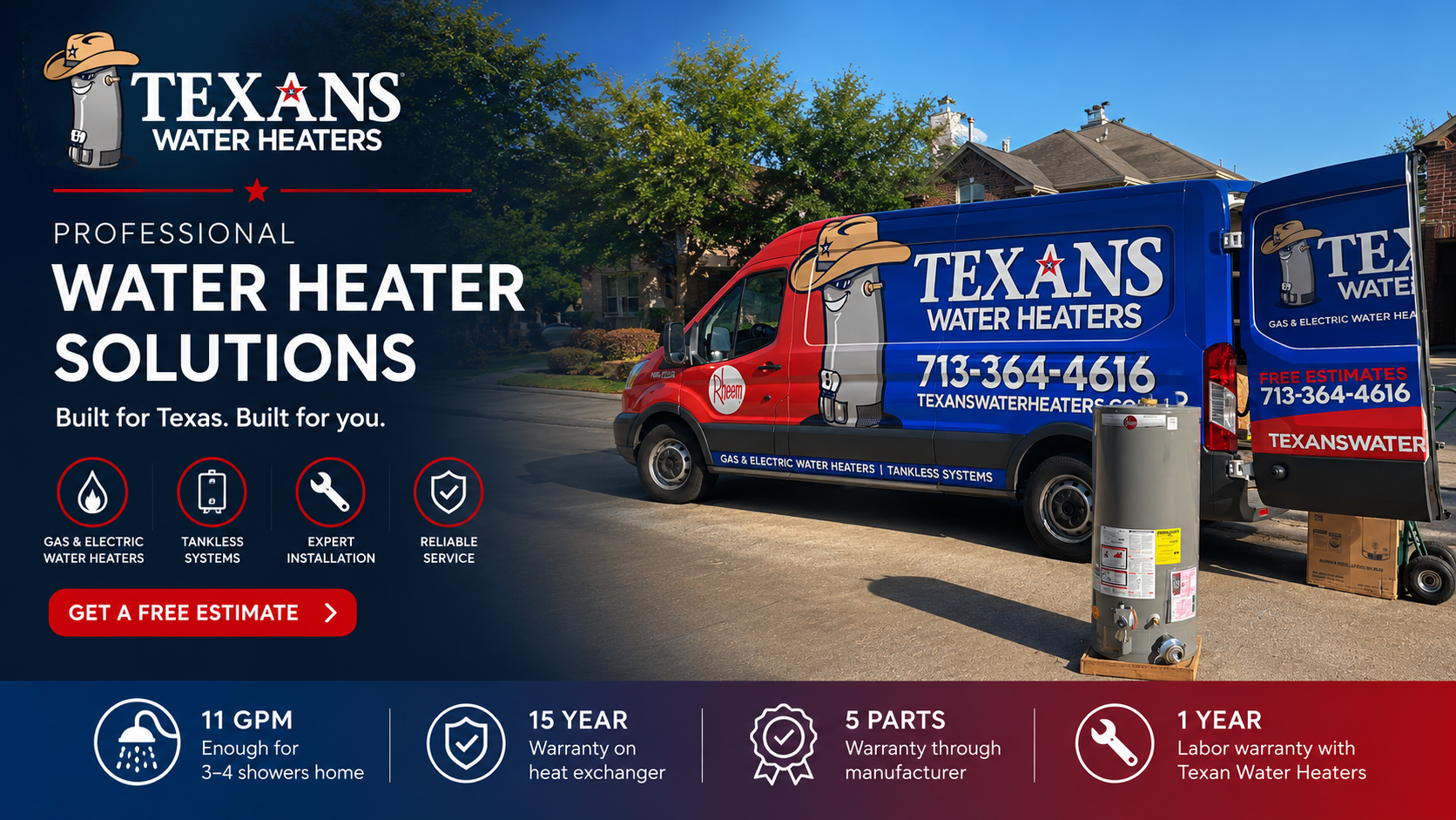 Hero banner for Texans Water Heaters: blue and red service van with 'TEXANS WATER HEATERS' branding parked on a driveway; bold 'WATER HEATER SOLUTIONS' headline and call-to-action 'Get a Free Estimate'