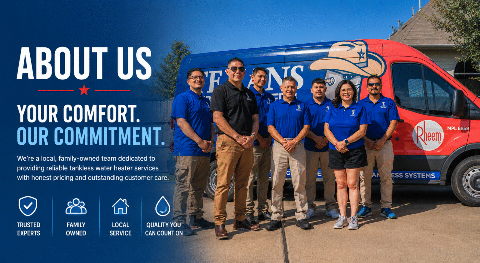 Seven service technicians in blue polo shirts stand in front of a red Rheem service van with an 'About Us' banner on a blue background.