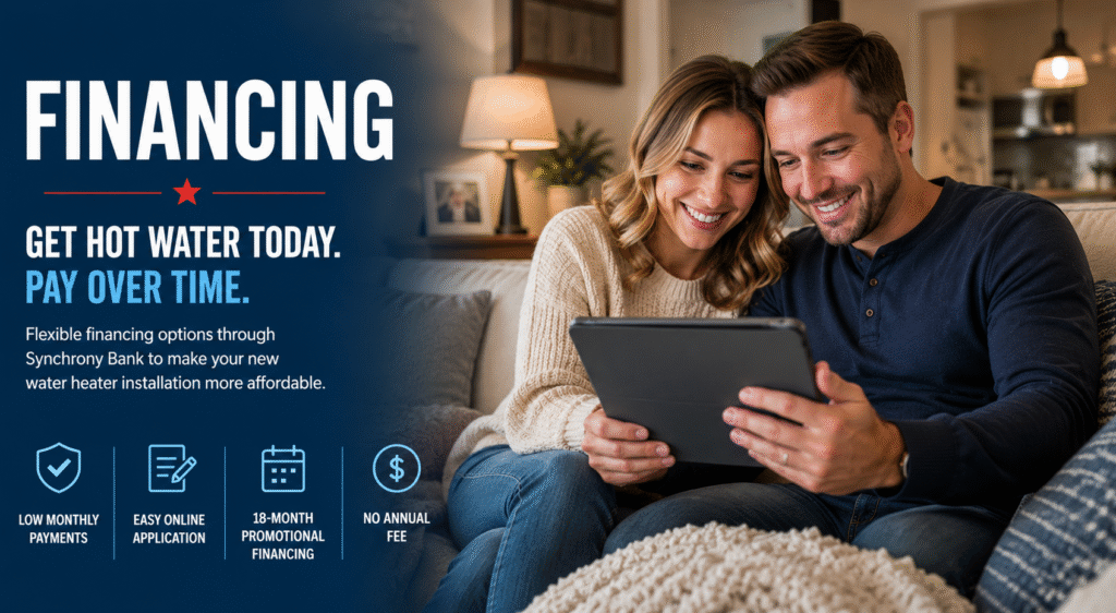 Advertisement banner: couple on a couch looking at a tablet, promoting water-heater financing with 'Get hot water today. Pay over time' and four benefits below (payments, online application, 18-month financing, no annual fee).