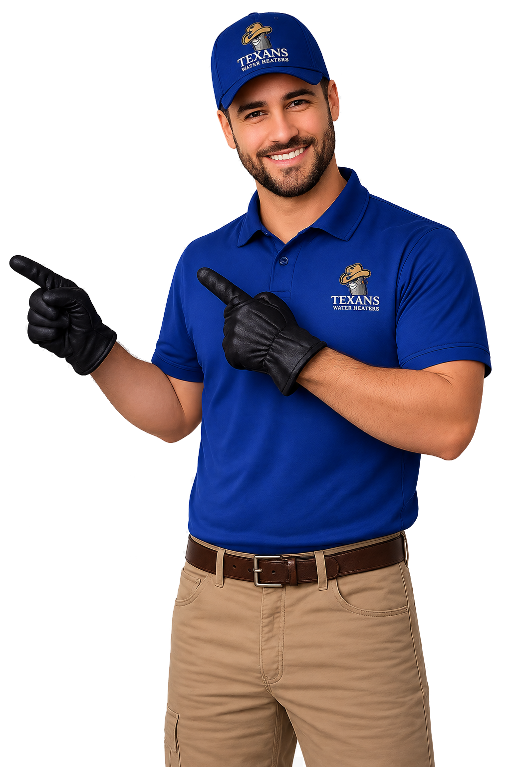Smiling technician in a blue Texans Water Heaters polo and cap, wearing black gloves, pointing with both hands to the sides against a solid blue background.